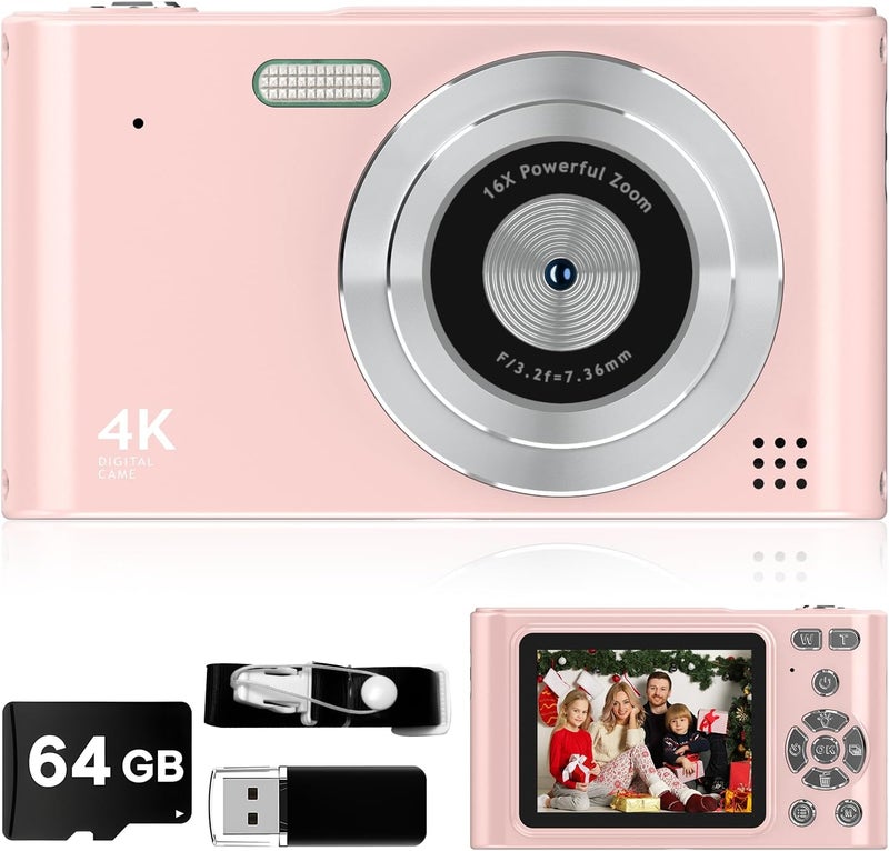 Vyncs Digital Kids Camera 1080P Vlog Camera with 64GB, Lanyard, 16X Zoom Anti Shake, Card Reader 44MP Compact Portable Point Shoot Digicam for Kid Teen Girl Boy Christmas Halloween Thanksgiving(Pink) - Image 1